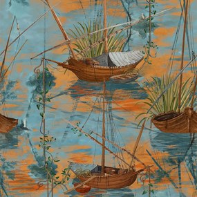 Ταπετσαρία Moored Boats WP20724 Multi-Blue MindTheGap Bamboo,Ξύλο