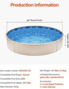 VEVOR Round Pool Liner 8ft Overlap Style Pool Liner 54in Wall Height