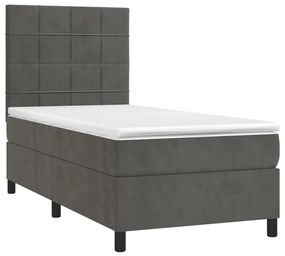 vidaXL Κρεβάτι Boxspring με Στρώμα & LED Σκ. Γκρι 90x200 εκ. Βελούδινο