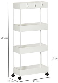 HOMCOM Τροχήλατο καρότσι κουζίνας με 4 ράφια, 4 ευέλικτες κρεμάστρες, 4 τροχούς, 40 cm x 19 cm x 90 cm, λευκό
