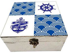 Διακοσμητικό Κουτί Ξύλινο “Πηδάλιο και Άγκυρα” 18x19x10 Λευκό/Μπλε