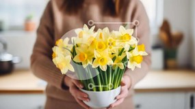 Intra Συλλεκτικό Ξύλινο Παζλ Plywood 4mm - Γυναίκα που κρατά λευκό βάζο με κίτρινους νάρκισσους Σε Ξύλινο Κουτί - Διαστάσεις Puzzle: 10x10 cm – 25 κομμάτια