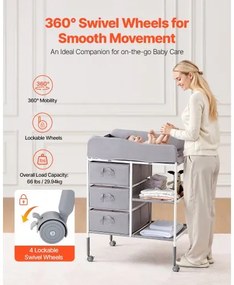 VEVOR Baby Changing Table Portable Diaper Change Station with 3 Drawers &amp; Wheels
