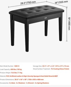 VEVOR Duet Piano Keyboard Bench Storage Padded Seat Wooden Vanity Bookcase Stool