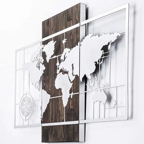 Διακοσμητικό Τοίχου World Map 899SKL2235 85x58cm Walnut-Silver Wallity Μέταλλο,Ξύλο