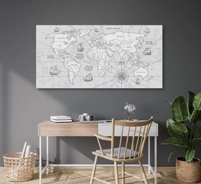 Εικόνα στον παγκόσμιο χάρτη από φελλό με βάρκες σε ασπρόμαυρο - 100x50  smiley