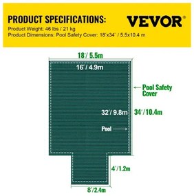 VEVOR Pool Safety Cover Fits 16x32ft Rectangle Inground Pools, Safety Pool Cover with 4x10ft Center End Step, Mesh Solid Pool Cover with Drainage Holes for Swimming Pool, Winter Safety Cover, Green