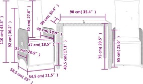 vidaXL Σετ Επίπλων Μπιστρό Κήπου 3 τεμ. Καφέ Συνθ. Ρατάν με Μαξιλάρια