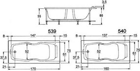 Sanitec Diana 540 - Παραλληλόγραμμη Μπανιέρα 160x75 εκ - Pneumatic Basic, Χωρίς, Χωρίς, Με Θερμαντήρα