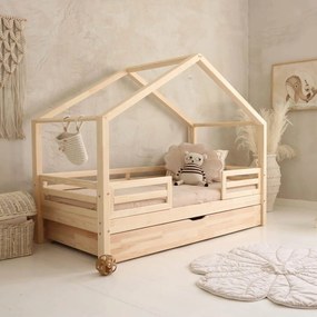 Κρεβάτι Παιδικό Montessori HouseBed Fello Plus με Αφαιρούμενα Κάγκελα 23cm  + Συρτάρι σε Φυσικό  Ξύλο  100×200cm  Luletto (Δώρο 10% έκπτωση στο Στρώμα)