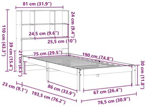 Κρεβάτι Βιβλιοθήκη Χωρίς Στρώμα 75x190 εκ Μασίφ Ξύλο Πεύκου - Καφέ