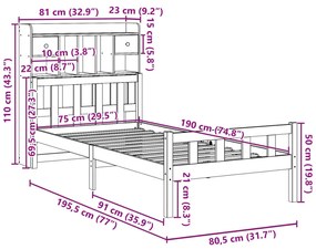 Κρεβάτι Βιβλιοθήκη Χωρίς Στρώμα 75x190 εκ Μασίφ Ξύλο Πεύκο - Καφέ