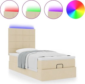 vidaXL Οθωμανικό κρεβάτι με στρώμα &amp; LEDs Cream 90x190cm ύφασμα