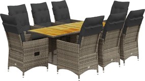 vidaXL Σετ Τραπεζαρίας Κήπου 9 τεμ. Γκρι Συνθ. Ρατάν με Μαξιλάρια