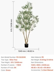 VEVOR 240cm Artificial Olive Tree Tall Fake Plant with Pot for Home Office