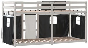 Κουκέτα με Κουρτίνες Λευκό/Μαύρο 90x190 εκ. Μασίφ Ξύλο Πεύκου - Μαύρο