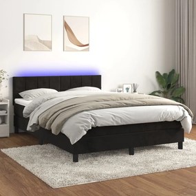 Κρεβάτι Boxspring με Στρώμα &amp; LED Μαύρο 140x190 εκ. Βελούδινο - Μαύρο