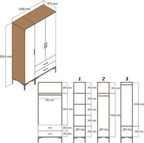 Τριφυλλη Ντουλαπα Καρυδια/Ανθρακι KUMSAL 47.5x120x201.4