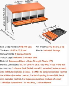 VEVOR Chicken Nesting Boxes, 4 Compartments, with Support Legs, Easy Egg Collection, Galvanized Steel and High-Strength Plastic, Roll Away Nesting Boxes for Chickens and Hens Laying Eggs, Orange