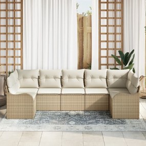 vidaXL Σετ καναπέ κήπου 7 τεμαχίων με μπεζ μαξιλάρια από πολυ ρατάν