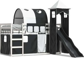 vidaXL Κουκέτα με Τσουλήθρα και Κουρτίνες Λευκή και Μαύρη 90x200 εκ.