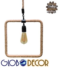 GloboStar® MALVERN 10001240 Vintage Industrial Κρεμαστό Φωτιστικό Οροφής Μονόφωτο 1 x E27 Μαύρο Μεταλλικό με Μπεζ Σχοινί Μ33 x Π22 x Υ33cm