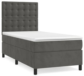 vidaXL Κρεβάτι Boxspring με Στρώμα & LED Σκ. Γκρι 90x200 εκ. Βελούδινο