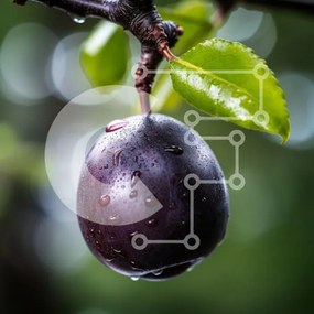 Intra Συλλεκτικό Ξύλινο Παζλ Plywood 4mm - Φρέσκο δαμάσκηνο σε ένα κλαδί με σταγονίδια νερού Σε Ξύλινο Κουτί - Διαστάσεις: 10x10 cm – 25 κομμάτια