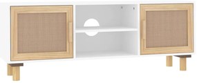 vidaXL Έπιπλο Τηλεόρασης Λευκό 105x30x40 εκ Μασίφ Πεύκο &amp; Φυσικό Ρατάν