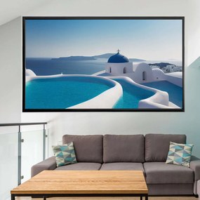 Πίνακας σε Plexiglass με Θέμα &#8220;Σαντορίνη με πανοραμικό φόντο&#8221; σε μαύρη ξύλινη Κορνίζα - 80cmx50cm