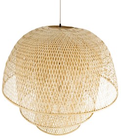 GloboStar HIROKA 02046 Boho Κρεμαστό Φωτιστικό Οροφής Μονόφωτο 1 x E27 AC220-240V IP20 - Φ100 x Υ110cm - Μπεζ Ξύλινο Μπαμπού Πλέγμα Καμπάνα - 5 Χρόνια Εγγύηση