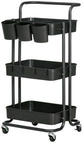 HOMCOM Τροχήλατο Καρότσι με 3 Ράφια, Καλάθια Αποθήκευσης, Γάντζους, Βοηθητικό Καρότσι για Κουζίνα ή Σαλόνι, Ατσάλι, Πλαστικό, Μαύρο
