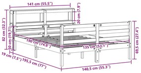 Πλαίσιο Κρεβατιού με Κεφαλάρι Λευκό 135x190 εκ. Μασίφ Πεύκου - Καφέ