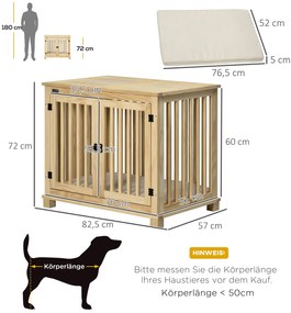 PawHut Κλουβί σκύλου με κλειδαριά και μαξιλάρι, 82,5 cm x 57 cm x 72 cm, φυσικό ξύλο + κρεμ λευκό