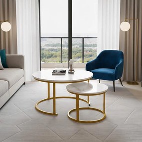 Τραπεζάκι Σαλονιού Revelon σετ 2 τεμ MDF σε όψη Λευκού Μαρμάρου - Χρυσό 80x80x45εκ. 80x80x45 εκ.