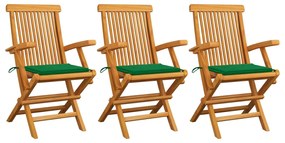 vidaXL Καρέκλες Κήπου 3 τεμ. από Μασίφ Ξύλο Teak με Πράσινα Μαξιλάρια