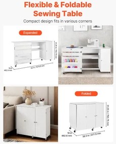 VEVOR Folding Sewing Table, Multipurpose Sewing Machine Table with Cabinet, Compact Design, Wheels, Wooden Pegs, Storage Trays and Shelf, Magnetic Door, Craft Station and Side Desk for Home, White