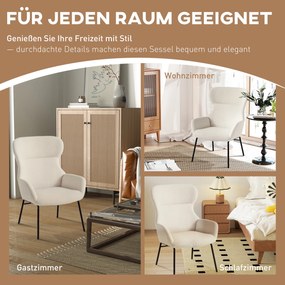 HOMCOM Μοντέρνα Πολυθρόνα Ear-Back, Ψηλή Πλάτη, Παχύ Μαξιλάρι, Ατσάλινα Πόδια, Κρεμ Λευκό