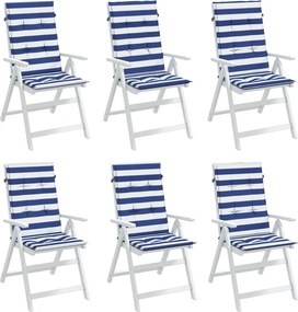vidaXL Μαξιλάρια Καρέκλας με Ψηλή Πλάτη 6 τεμ. Μπλε/Λευκά Ριγέ Ύφασμα