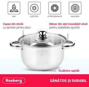 Κατσαρόλα Rosberg R51210O22, 3.6L, 22 cm, Γυάλινο καπάκι με τρύπα εκτόνωσης ατμού, Inox