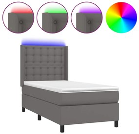 vidaXL Κρεβάτι Boxspring με Στρώμα &amp; LED Γκρι 90x190 εκ. Συνθ. Δέρμα