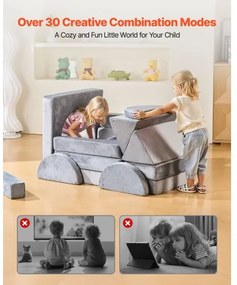VEVOR Modular Kids Play Couch, Sectional Toddler Sofa with Armrests, 28D Sponge &amp; Short Pile, Convertible Kids Modular Couch DIY Creative Combination for Playroom, Bedroom, Living Room, 14 Pcs, Gray