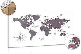 Εικόνα στο φελλό ενός αξιοπρεπούς χάρτη του κόσμου σε καφέ - 90x60  peg