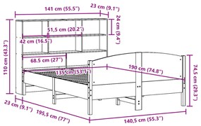 Κρεβάτι Βιβλιοθήκη Χωρίς Στρώμα 135x190 εκ Μασίφ Ξύλο Πεύκου - Καφέ