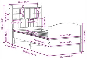 Κρεβάτι Βιβλιοθήκη Χωρίς Στρώμα 90x200 εκ Μασίφ Ξύλο Πεύκου - Λευκό