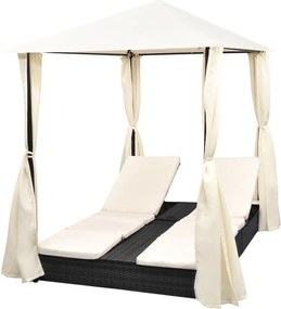 vidaXL Ξαπλώστρα Διπλή Μαύρη από Συνθετικό Ρατάν με Κουρτίνες