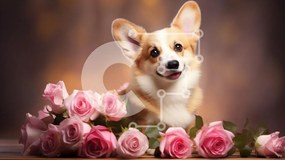 Intra Συλλεκτικό Ξύλινο Παζλ Plywood  4mm - Corgi που περιβάλλεται από ροζ τριαντάφυλλα Σε Ξύλινο Κουτί - Διαστάσεις: 10x10 cm – 25 κομμάτια
