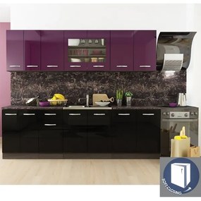 Κουζίνα Inda 2, μωβ +μαύρο γυαλιστερό 260x90x60cm -GRA030