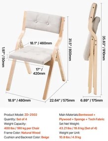 VEVOR Wooden Folding Chairs with Padded Cushion and Wooden Frame Beige Set of 4