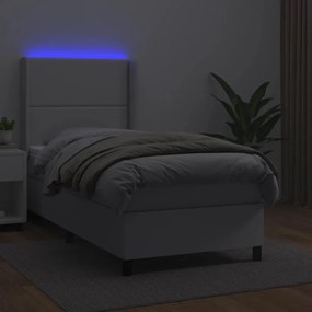 Κρεβάτι Boxspring με Στρώμα &amp; LED Λευκό 90x200 εκ. Συνθ. Δέρμα - Λευκό